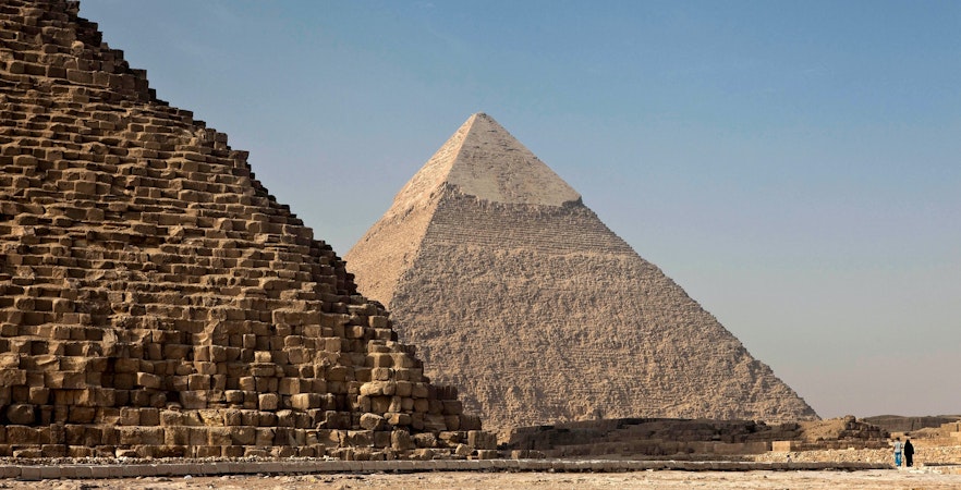 Giza Necropolis with pyramids and the Great Sphinx in the background, Egypt.
