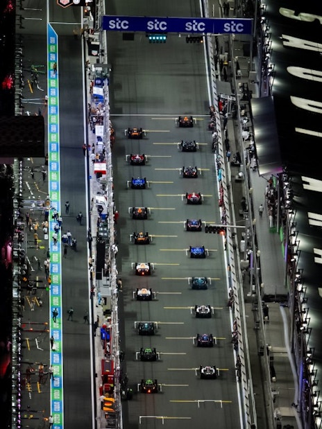 Aerial view of Formula 1 cars on the starting grid at Jeddah Grand Prix 2026, Saudi Arabia.