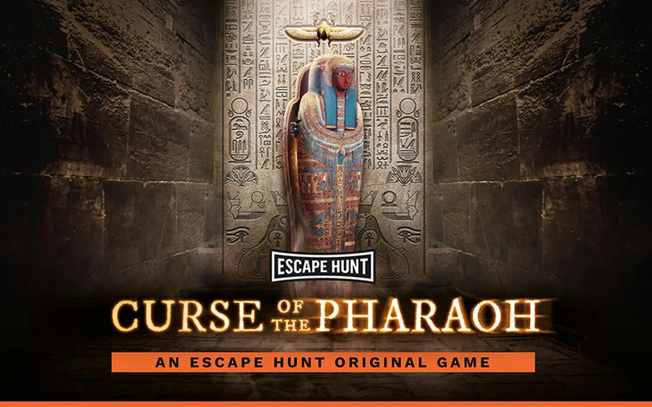 Curse of the Pharaoh escape room sarcophagus with hieroglyphics, Dubai.