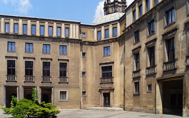 Nowa Huta Steel Mill administration building courtyard in Krakow, Poland.