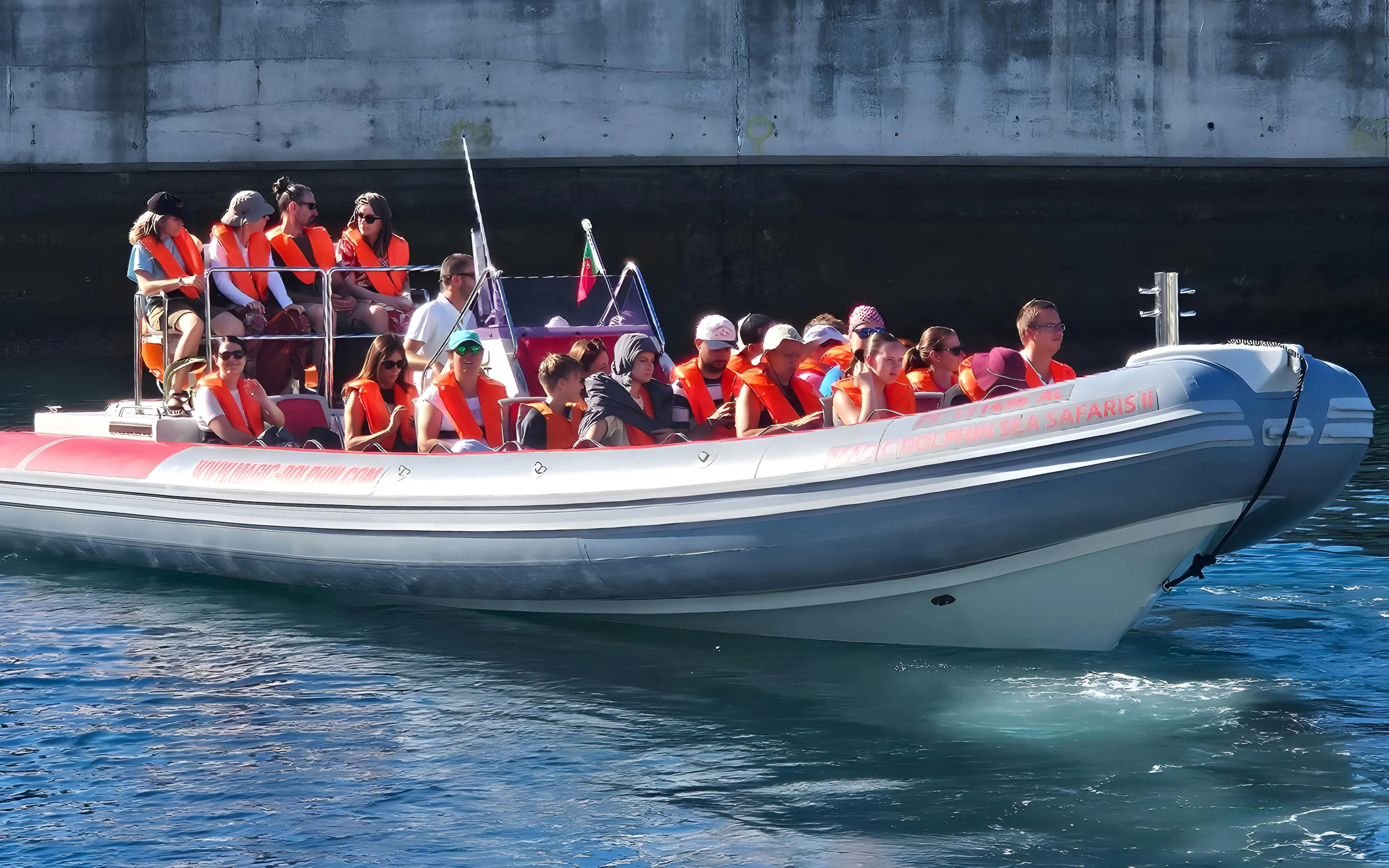 Tourists on a speedboat for Madeira dolphin and whale watching excursion.