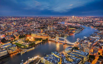 London skyline view from the Shard with Tower Bridge and River Thames.