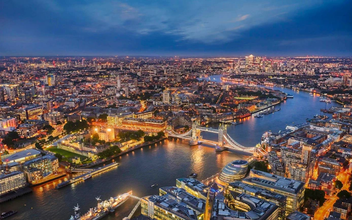 London skyline view from the Shard with Tower Bridge and River Thames.