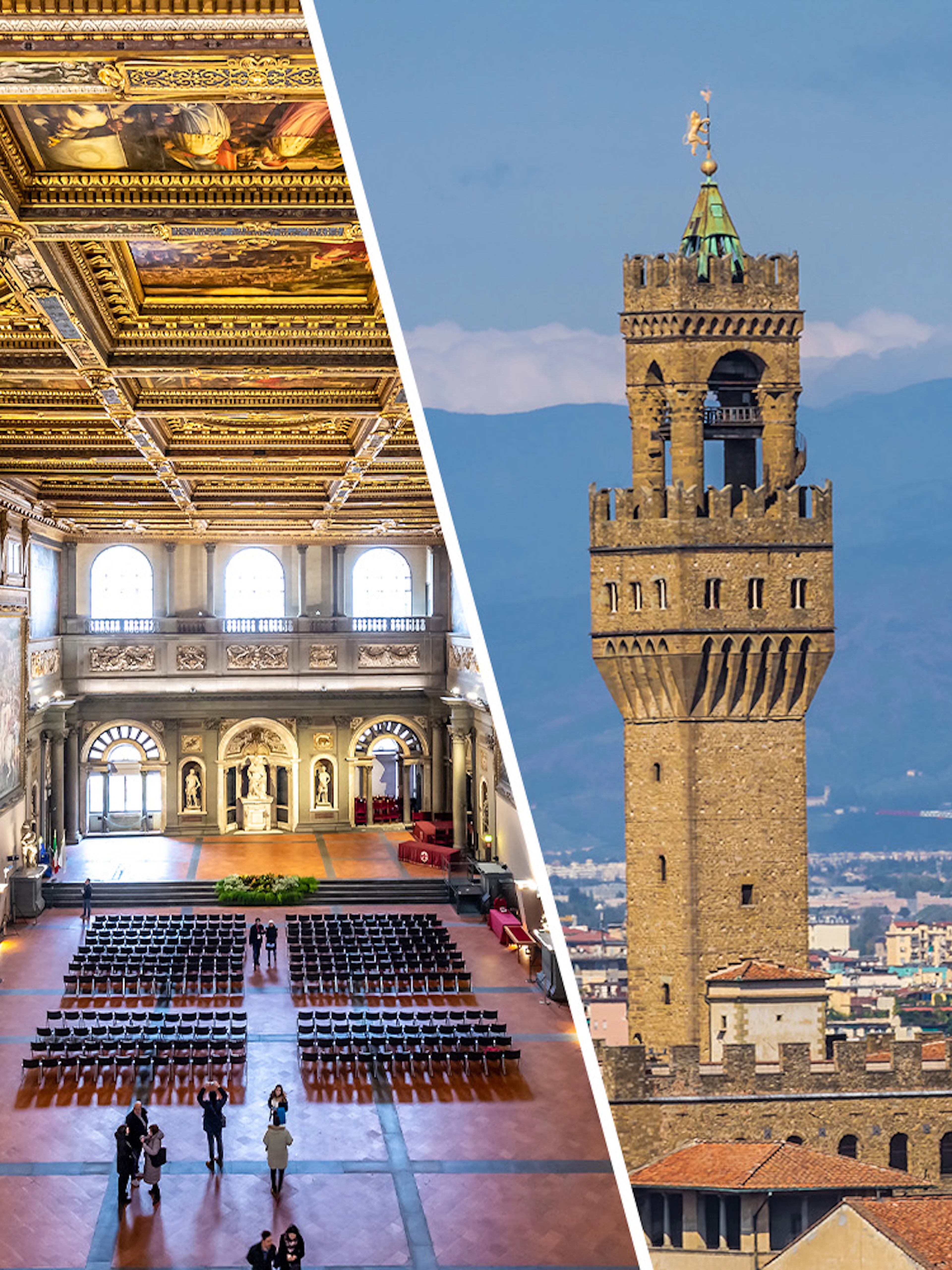 Palazzo Vecchio's ornate interior hall and Arnolfo Tower's exterior view in Florence.