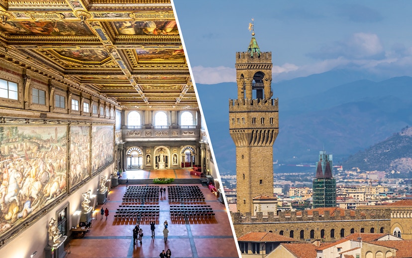 Palazzo Vecchio's ornate interior hall and Arnolfo Tower's exterior view in Florence.