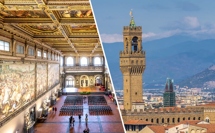 Palazzo Vecchio's ornate interior hall and Arnolfo Tower's exterior view in Florence.