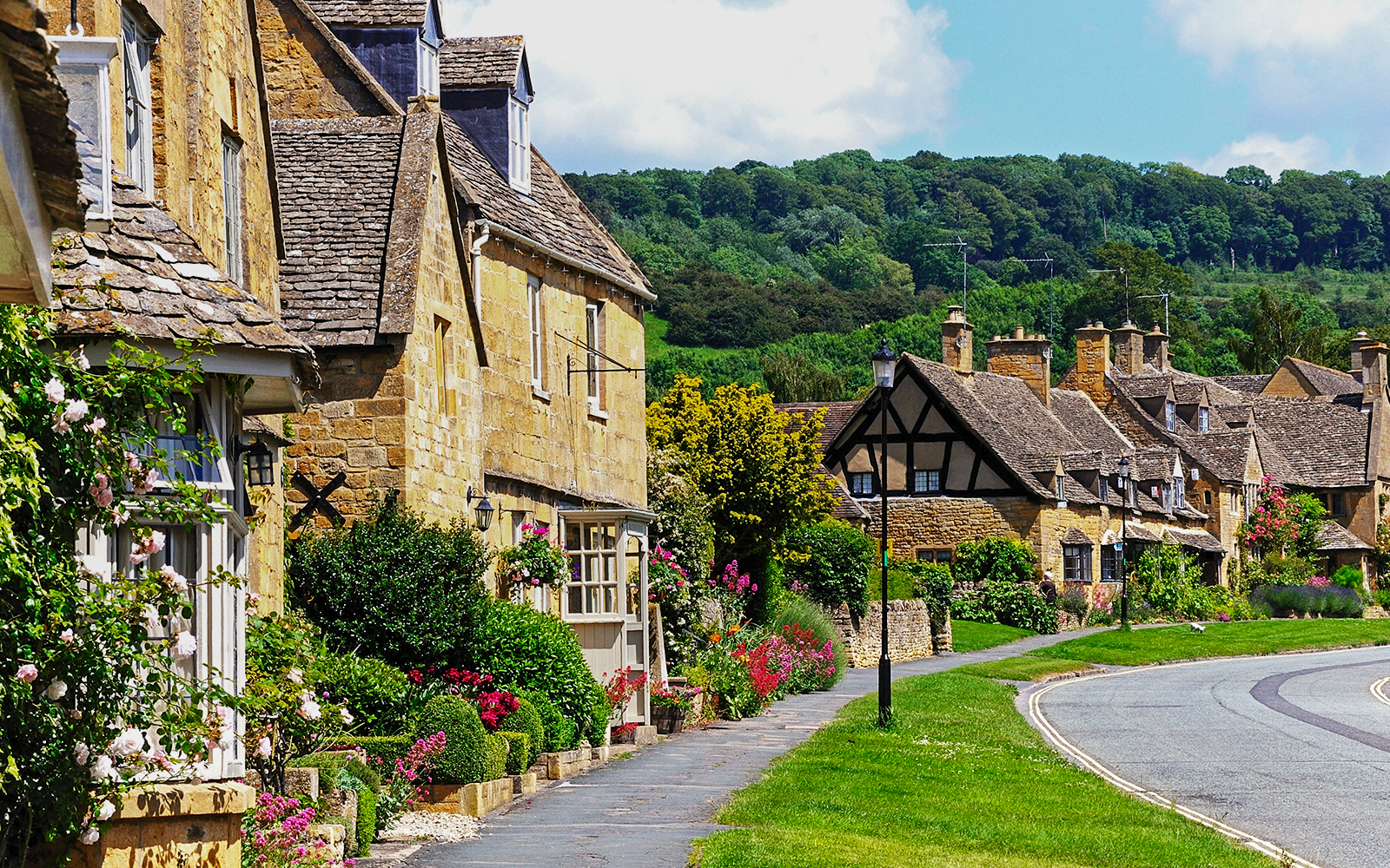 Cotswolds village street with stone cottages and lush gardens.