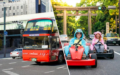 Tokyo hop-on hop-off bus and go-karting near Shibuya with tourists in costumes.