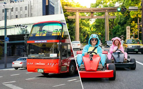 Tokyo hop-on hop-off bus and go-karting near Shibuya with tourists in costumes.