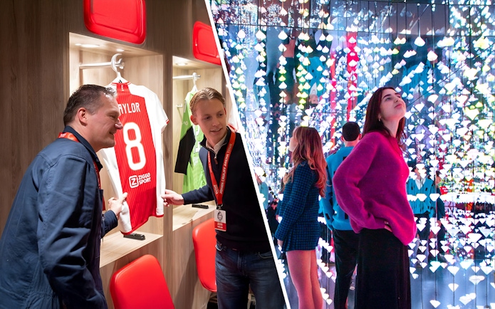 Johan Cruijff Arena tour showing locker room with jerseys and interactive light display.