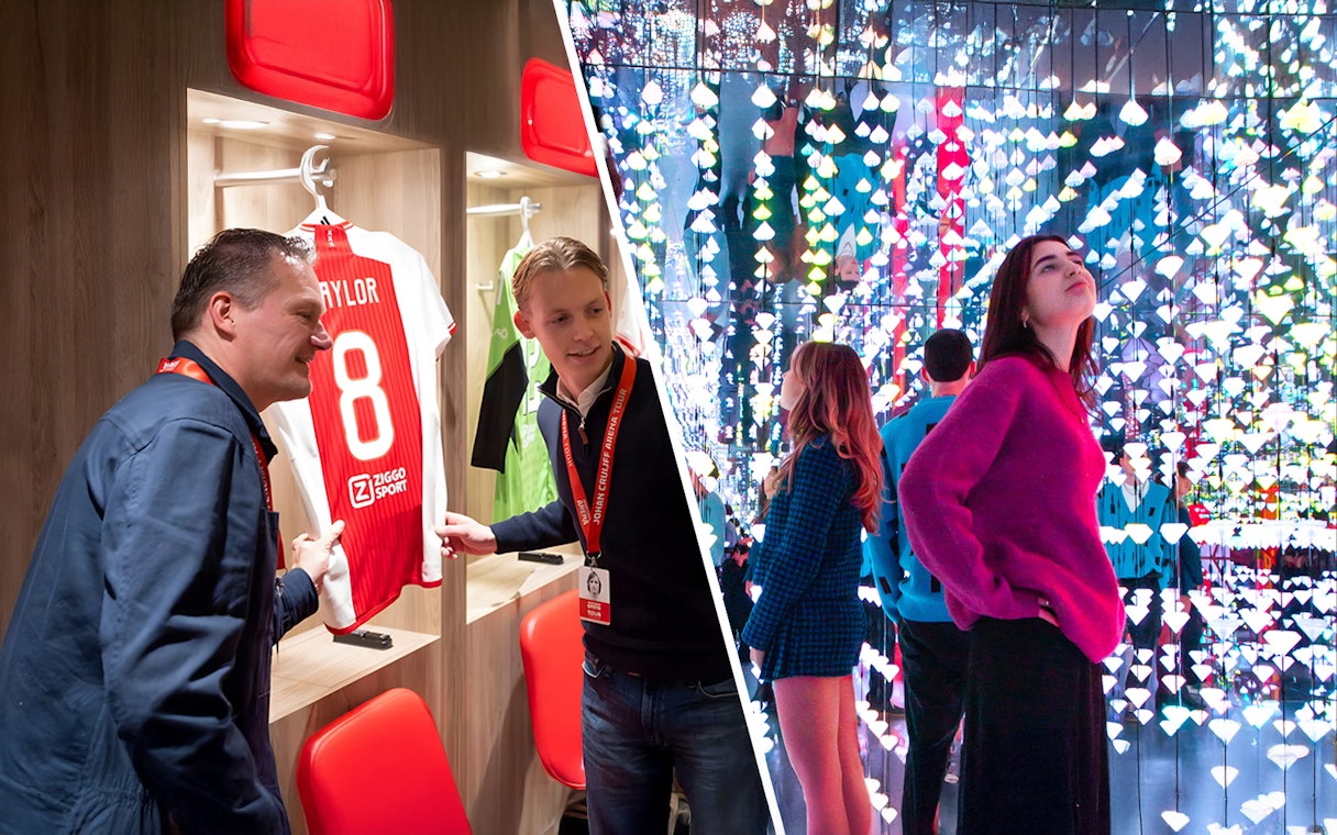 Johan Cruijff Arena tour showing locker room with jerseys and interactive light display.