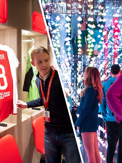 Johan Cruijff Arena tour showing locker room with jerseys and interactive light display.