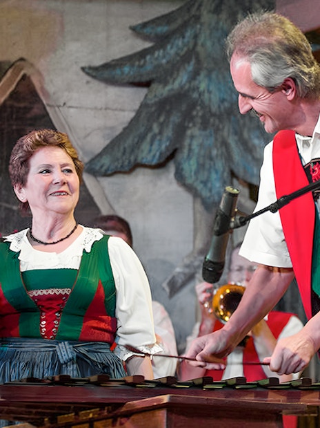 Tyrolean folk musicians performing with traditional attire and instruments.