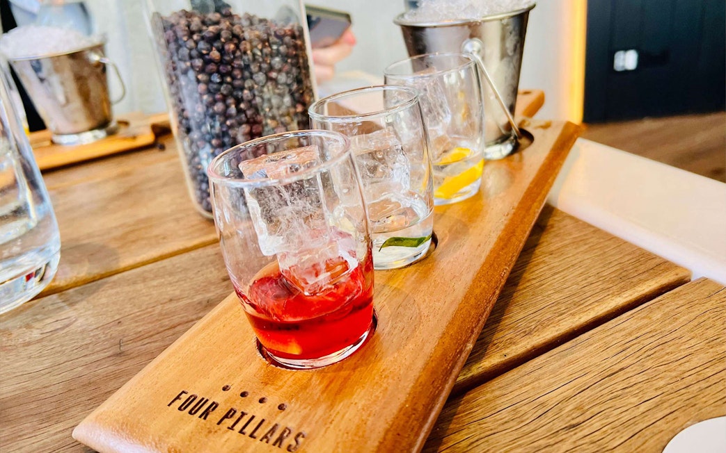 Tasting flight of gin samples at Four Pillars Distillery, Yarra Valley.