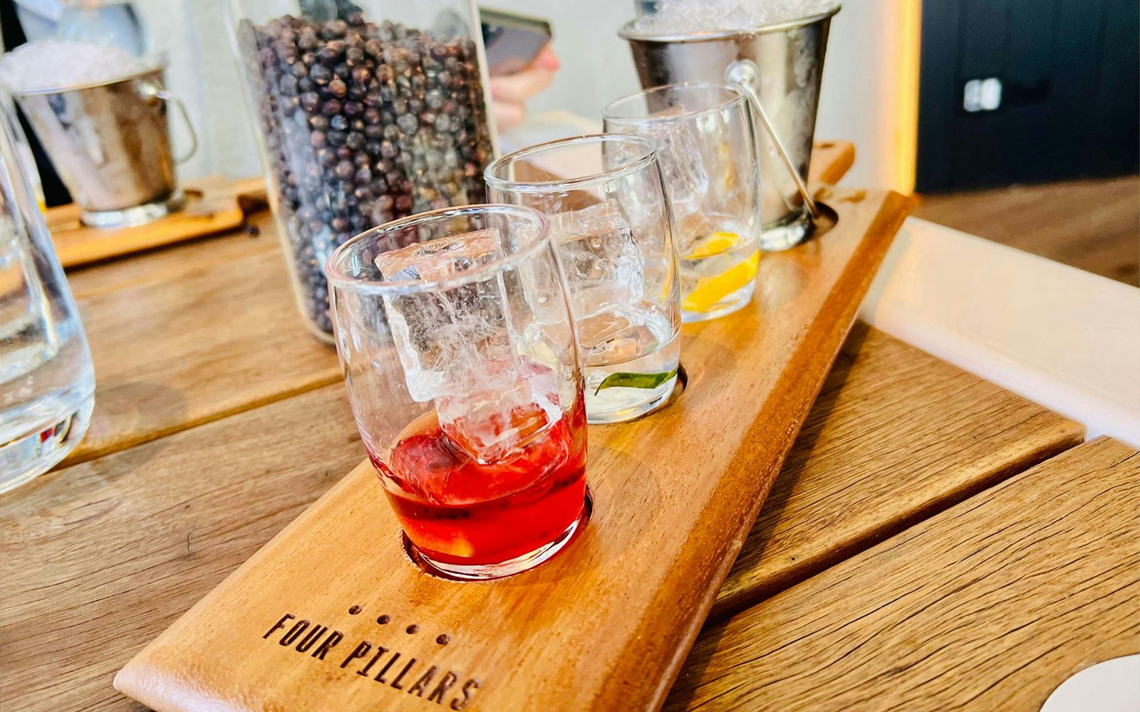Tasting flight of gin samples at Four Pillars Distillery, Yarra Valley.