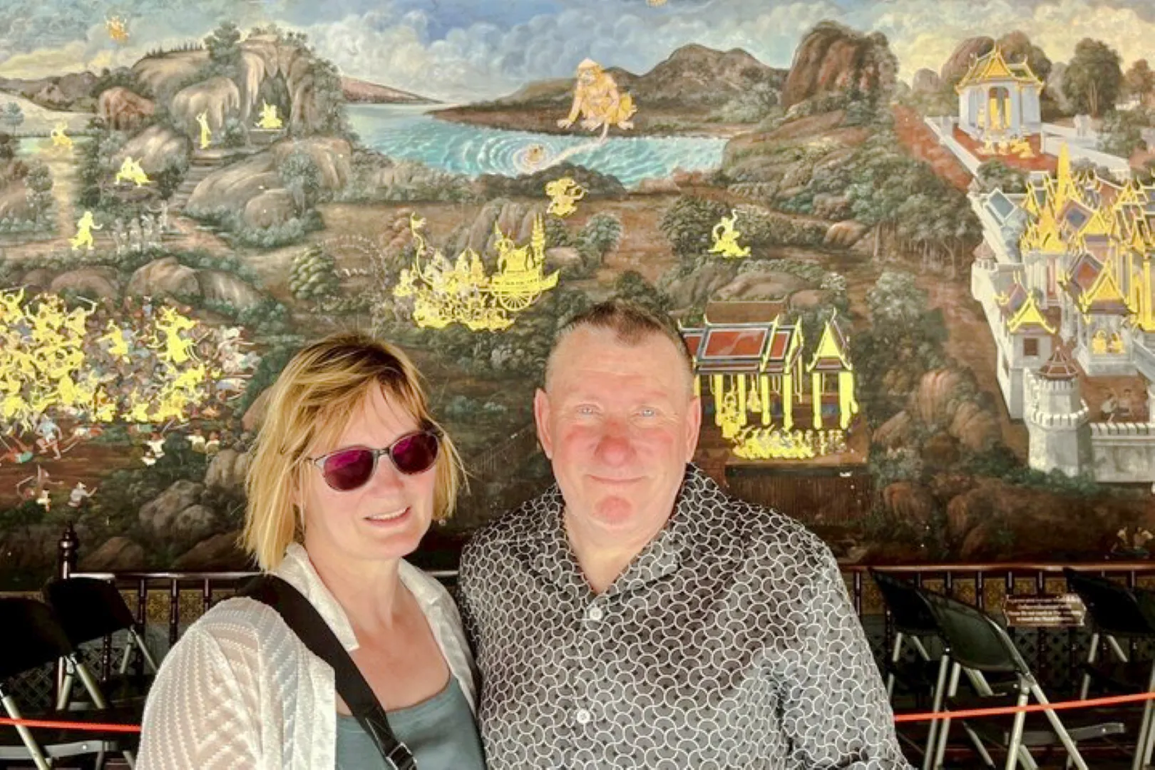 Mural at Grand Palace, Bangkok, with visitors on the Wat Pho & Wat Arun tour.