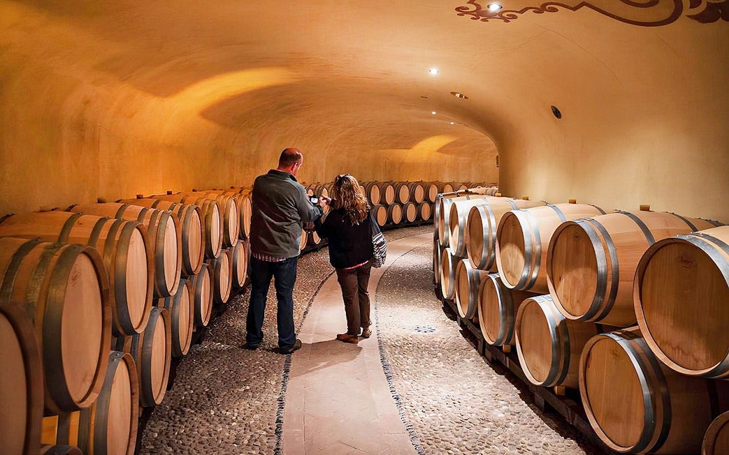 Visitors exploring wine barrels in a Chianti cellar during a guided tour.