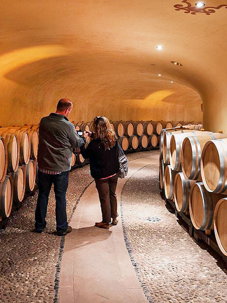 Visitors exploring wine barrels in a Chianti cellar during a guided tour.