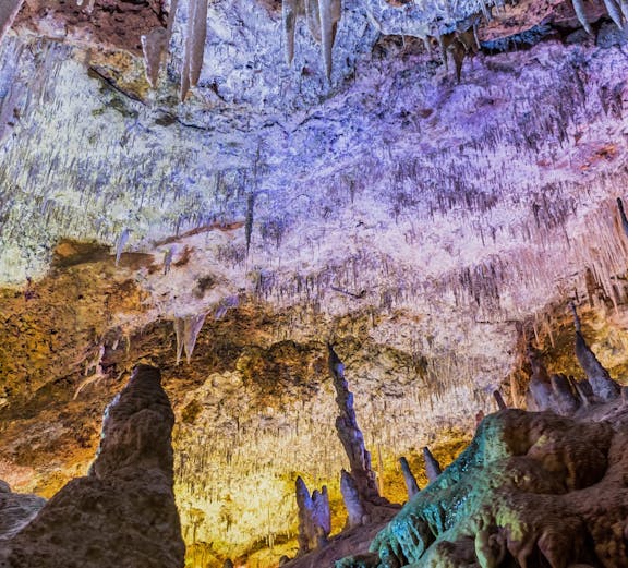 Stalactites and stalagmites in Hams Caves, Mallorca, illuminated with colorful lights.