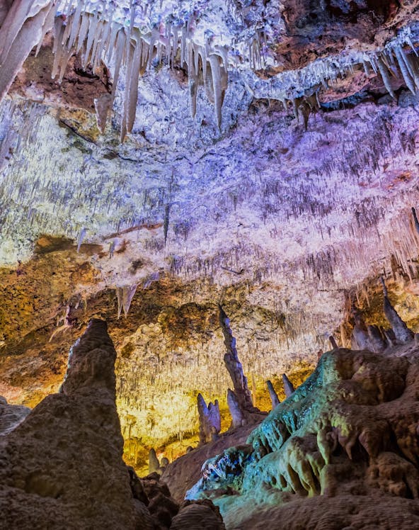Stalactites and stalagmites in Hams Caves, Mallorca, illuminated with colorful lights.