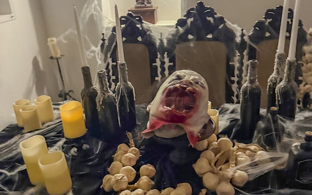 Bran Castle Halloween party table with candles, garlic, and a spooky head centerpiece.