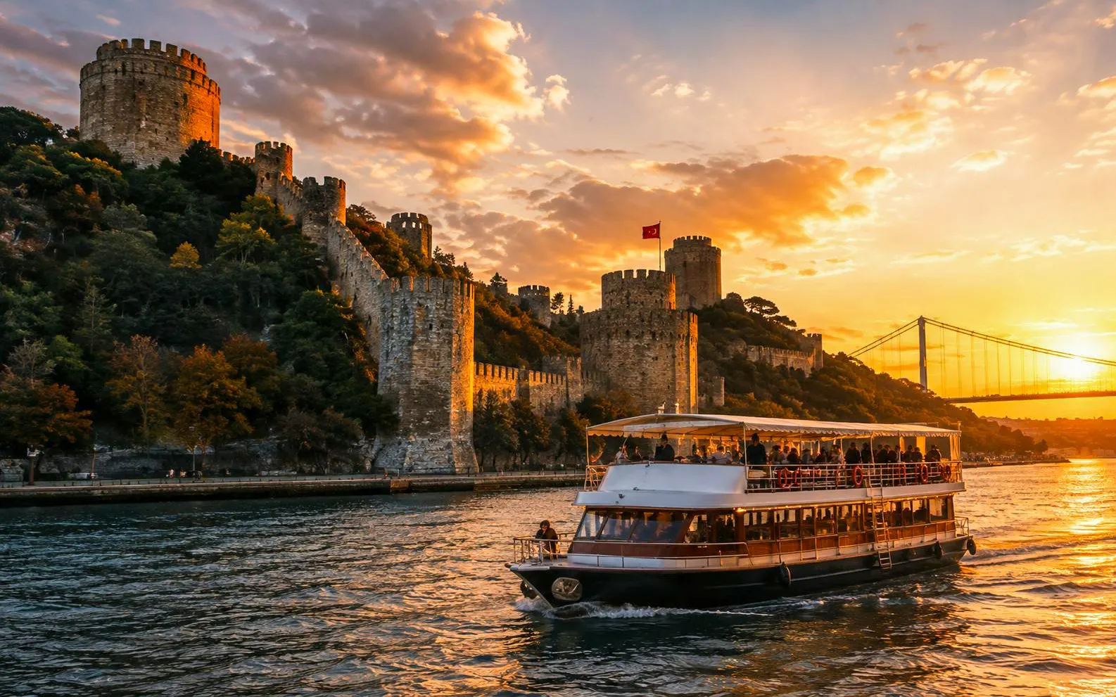 Rumeli Fortress at sunset with a yacht cruise on the Bosphorus, Istanbul.
