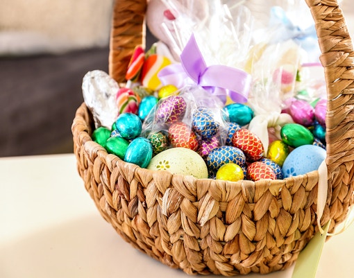 Chocolate Easter eggs, displayed in a festive arrangement.