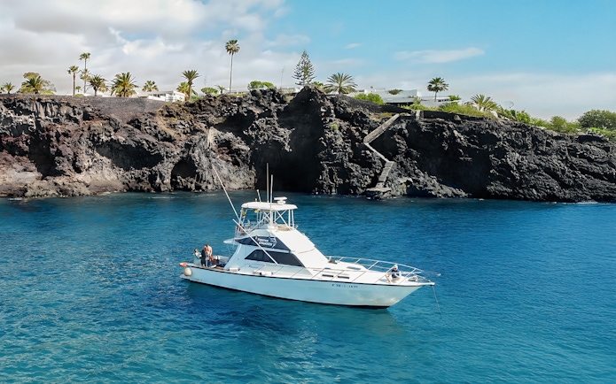 Luxury boat near rocky Tenerife coast for whale watching tour.
