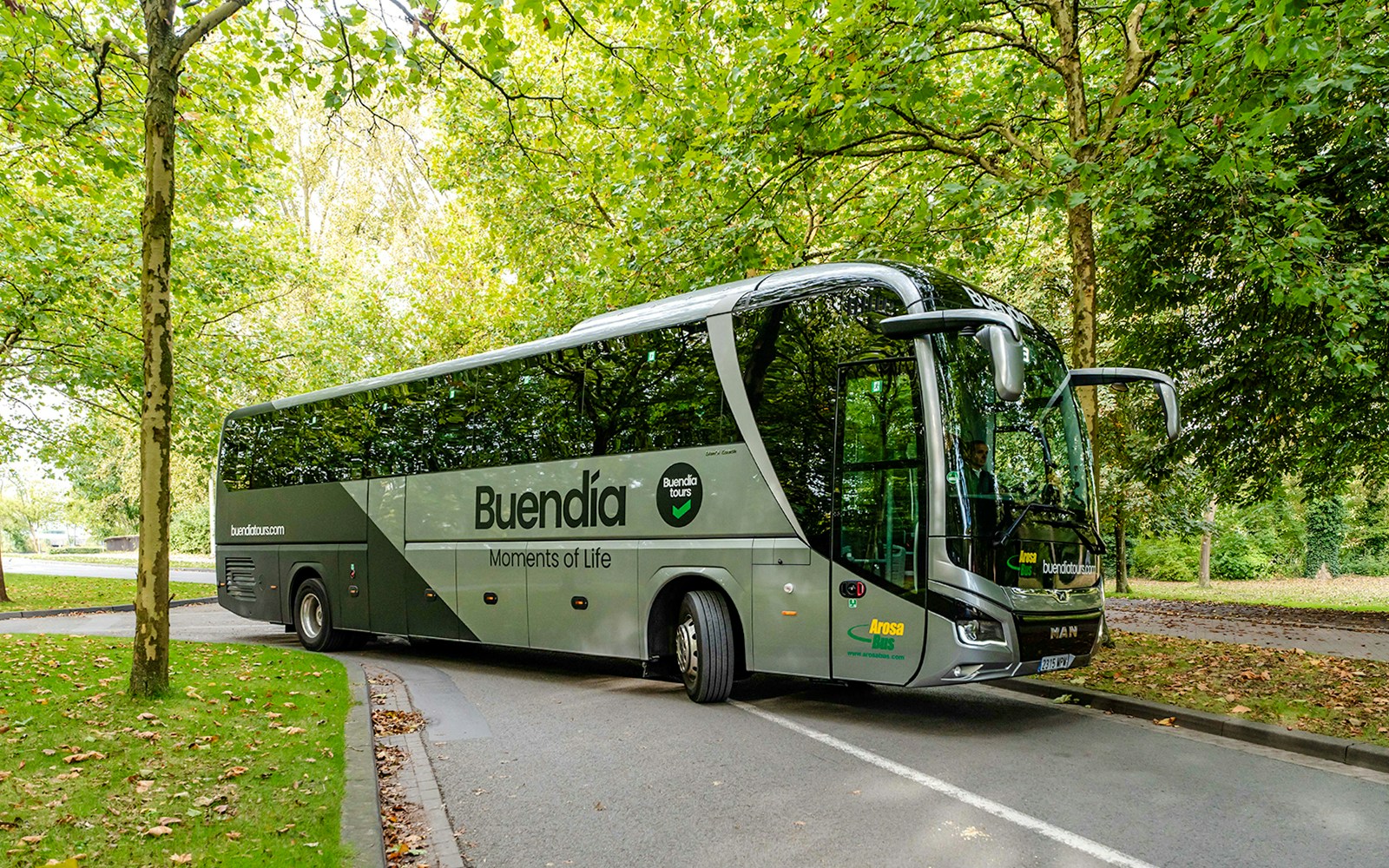 Coach for Antwerp and Ghent full-day guided tour parked on a tree-lined road.