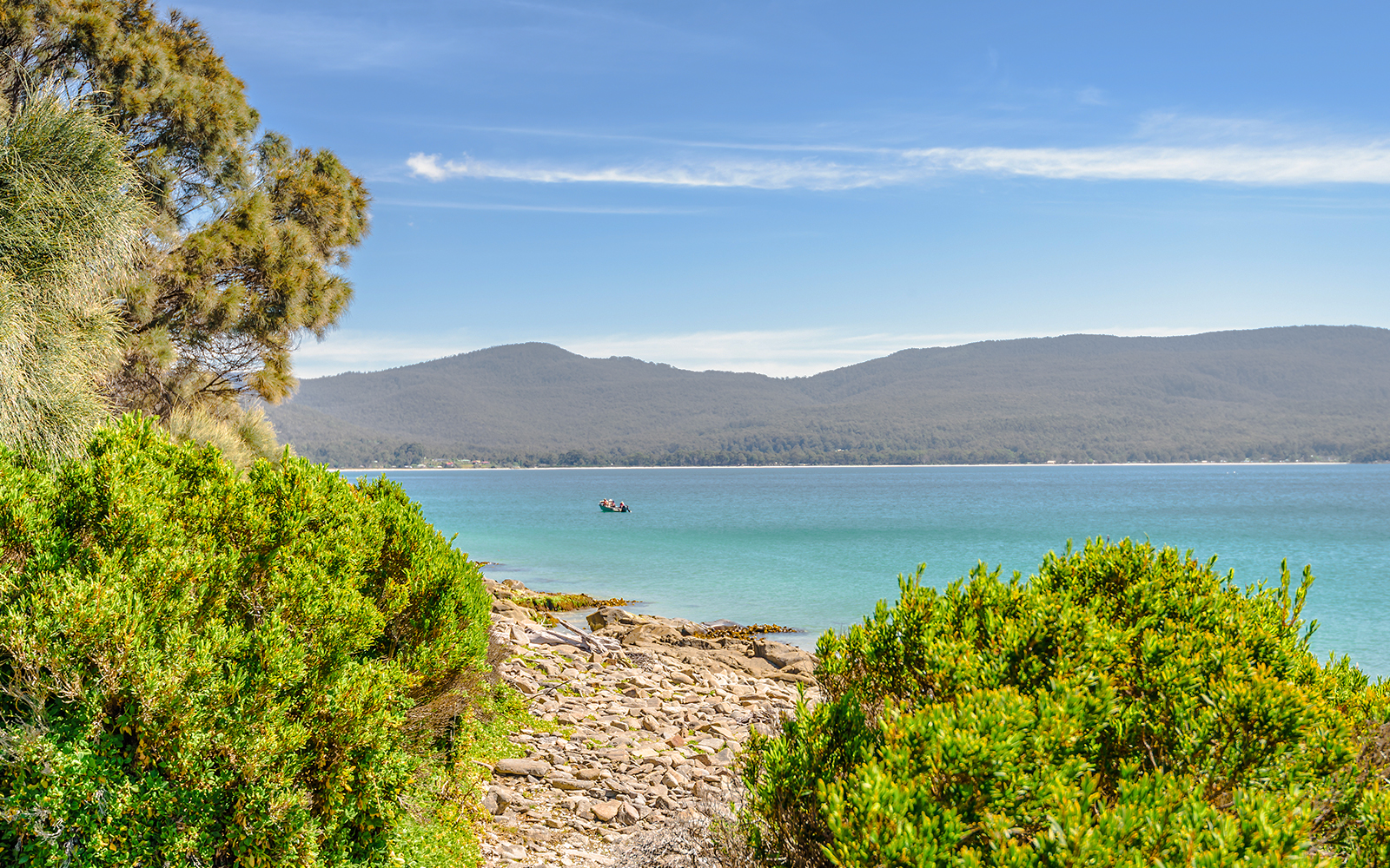 Turquoise blue water and green shore jungle forest on warm clear sky in Fluted Cape