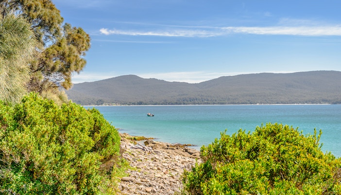 Turquoise blue water and green shore jungle forest on warm clear sky in Fluted Cape