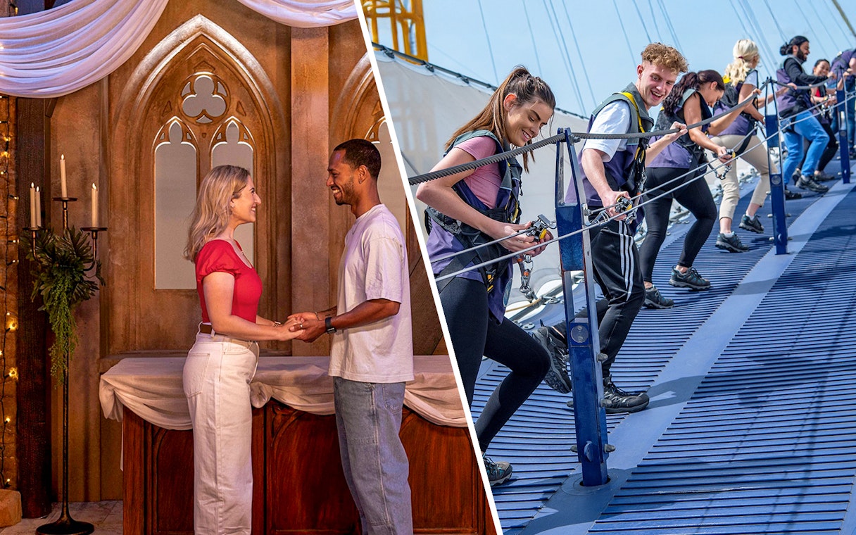 Couple at FRIENDS™ Experience set and group climbing Up at The O2 in London.