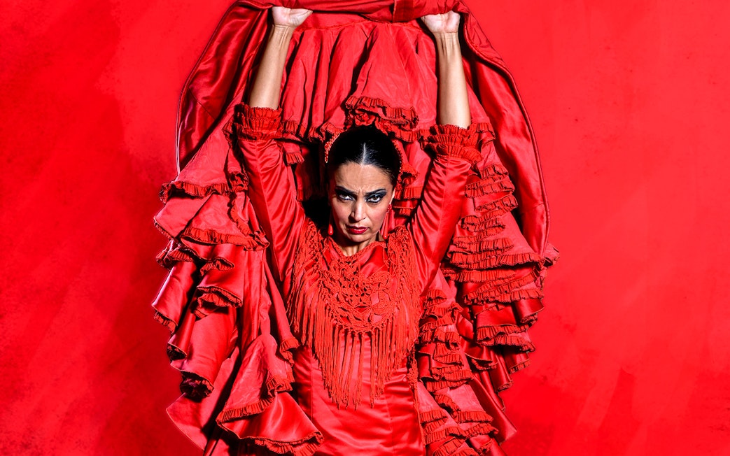 Flamenco dancer in red dress performing at Esencia espectáculo flamenco.