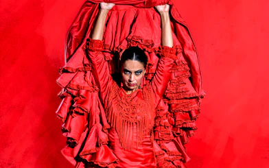Flamenco dancer in red dress performing at Esencia espectáculo flamenco.