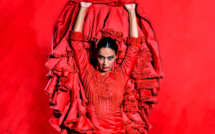 Flamenco dancer in red dress performing at Esencia espectáculo flamenco.
