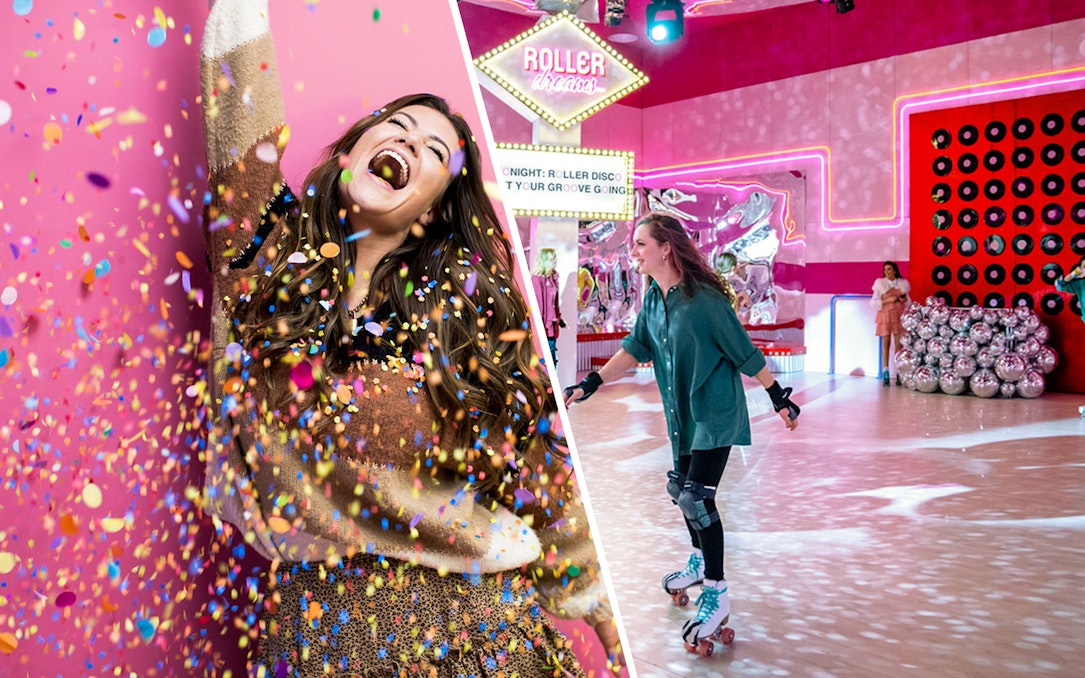 Roller disco with confetti celebration and skaters enjoying vibrant neon-lit rink.