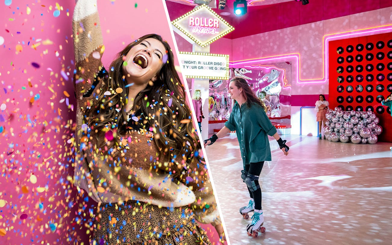 Roller disco with confetti celebration and skaters enjoying vibrant neon-lit rink.
