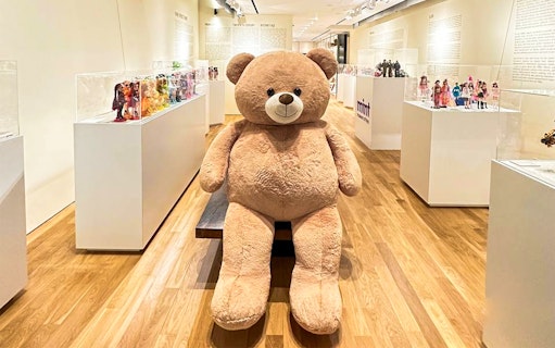 Giant teddy bear displayed at MINT Museum of Toys, Singapore.
