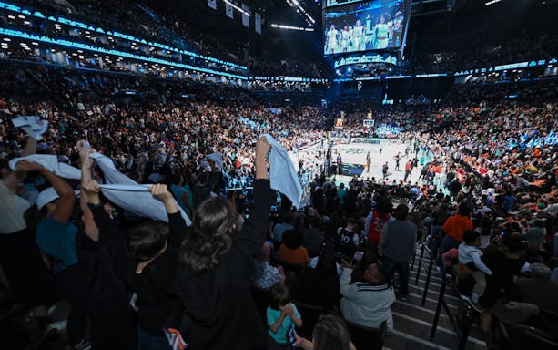 Crowd cheering at a New York Liberty WNBA game in New York arena.