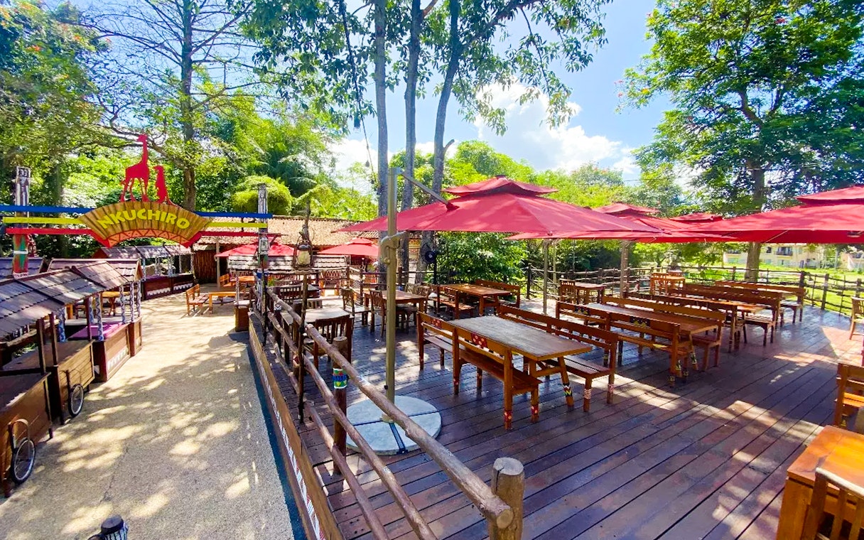 Outdoor dining area with red umbrellas at Bali Safari and Marine Park.