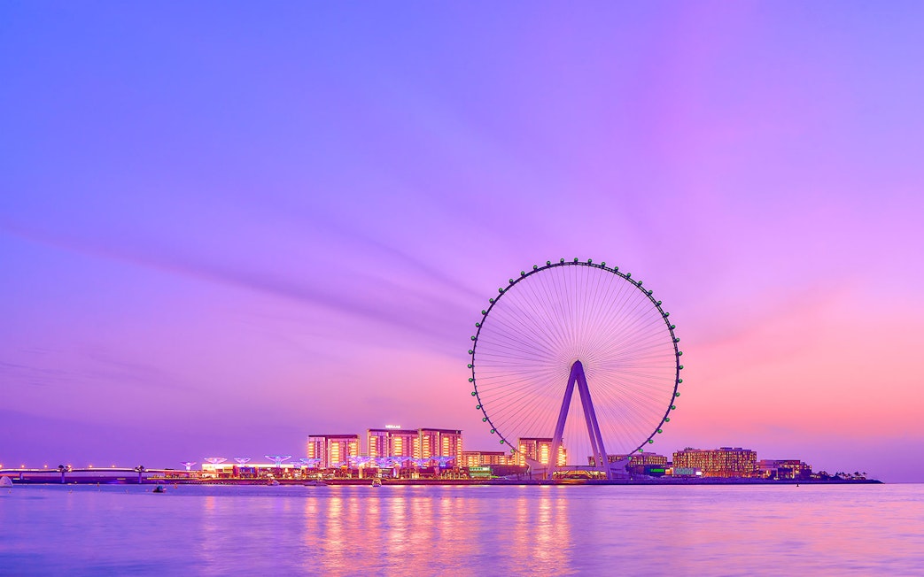 Ain Dubai Ferris wheel at sunset with cityscape in the background.