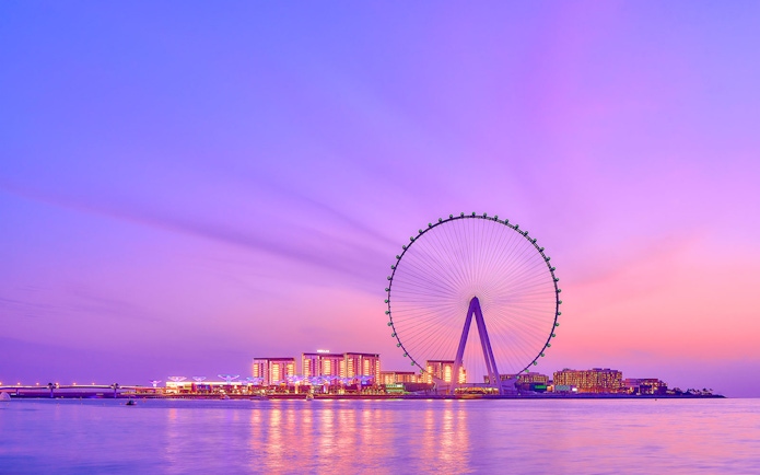 Ain Dubai Ferris wheel at sunset with cityscape in the background.