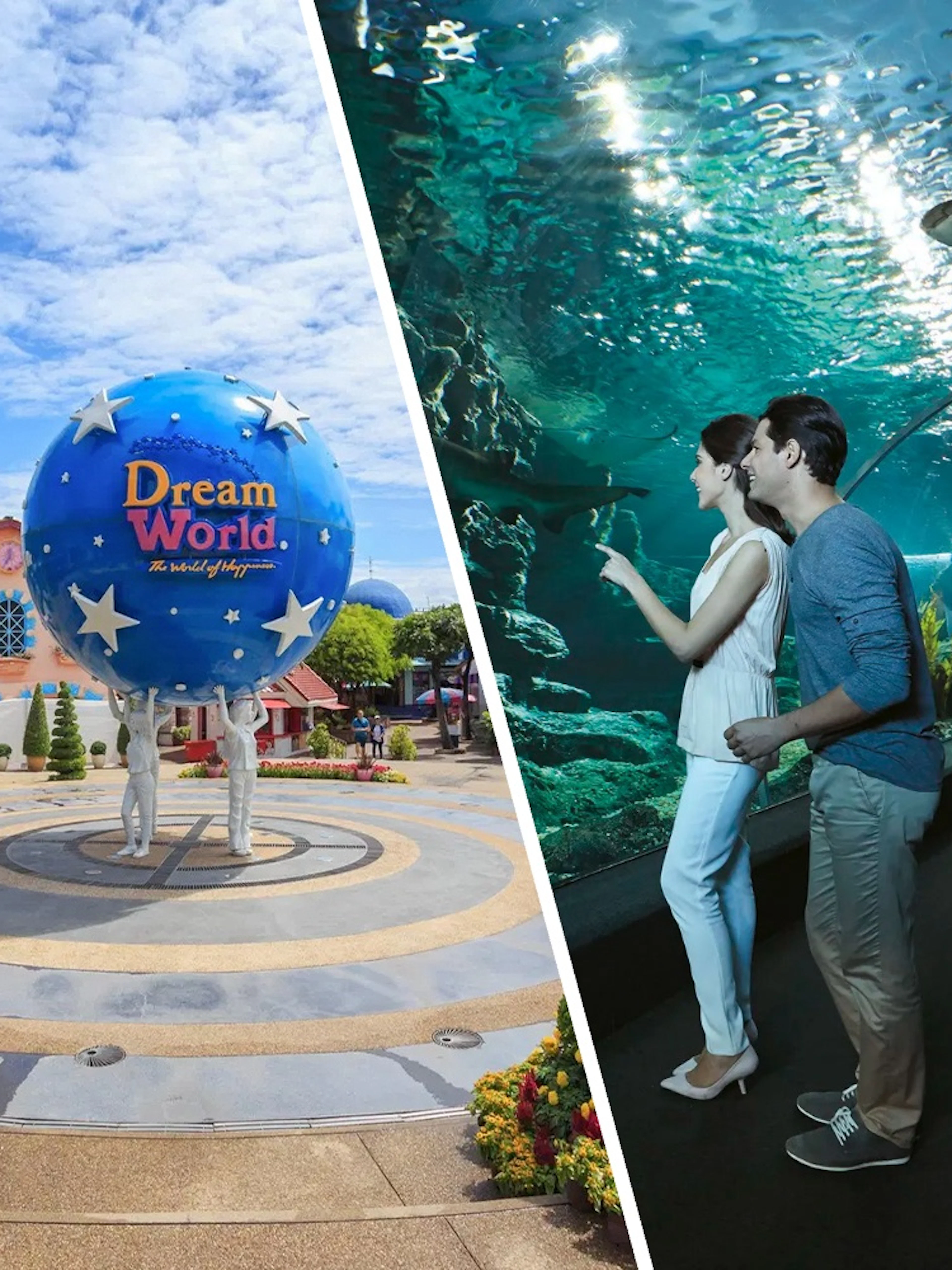 Dream World Bangkok entrance with globe sculpture and colorful gardens; Sea Life Bangkok tunnel with visitors.