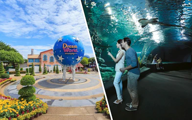 Dream World Bangkok entrance with globe sculpture and colorful gardens; Sea Life Bangkok tunnel with visitors.