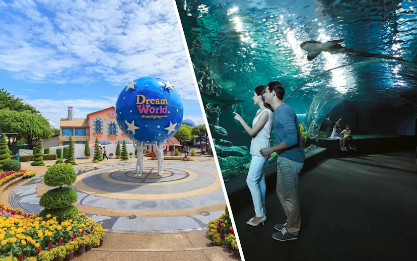 Dream World Bangkok entrance with globe sculpture and colorful gardens; Sea Life Bangkok tunnel with visitors.