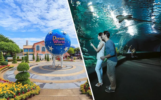 Dream World Bangkok entrance with globe sculpture and colorful gardens; Sea Life Bangkok tunnel with visitors.