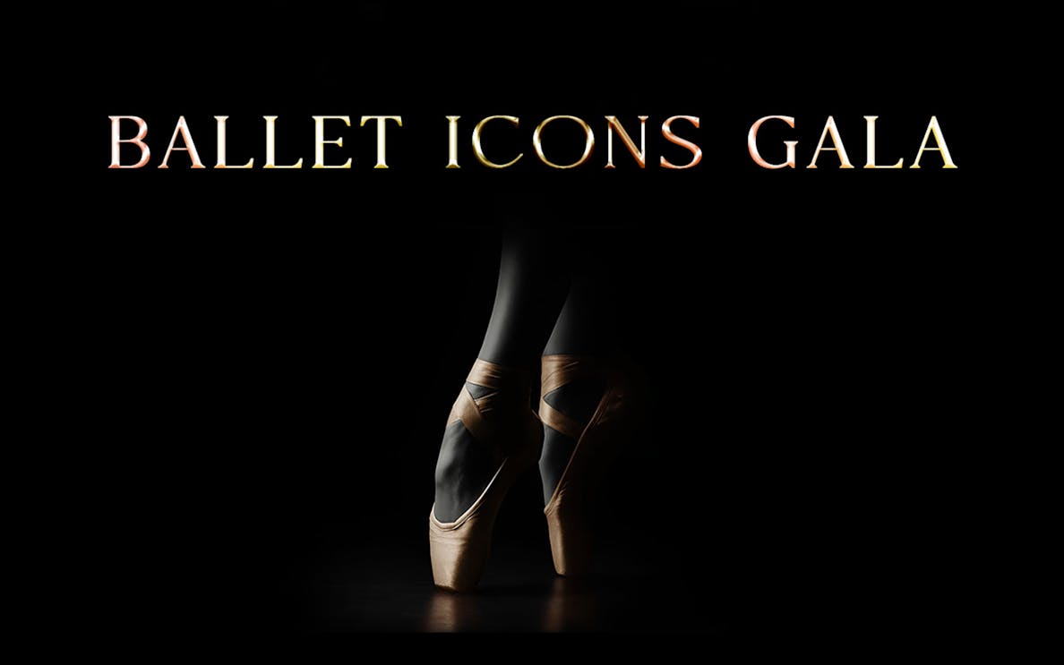 Ballet Icons Gala poster with ballet dancer en pointe against a dark background.