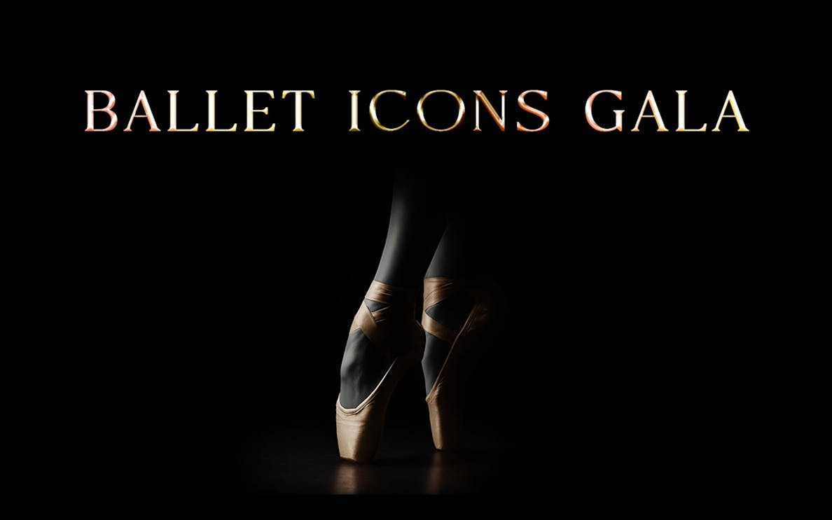 Ballet Icons Gala poster with ballet dancer en pointe against a dark background.