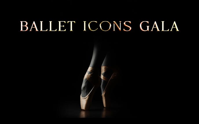 Ballet Icons Gala poster with ballet dancer en pointe against a dark background.