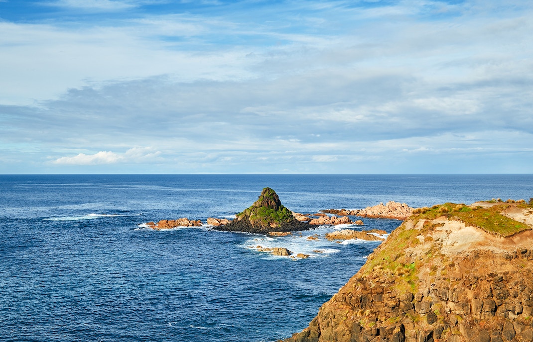 Pyramid Rock off Phillip Island's coast in Melbourne, showcasing unique rock formation.